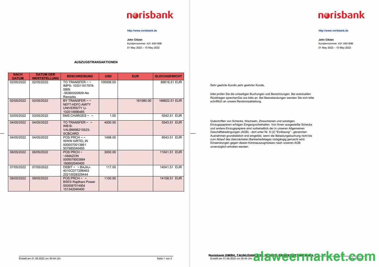 Germany Norisbank statement on Deutsch, 2 pages